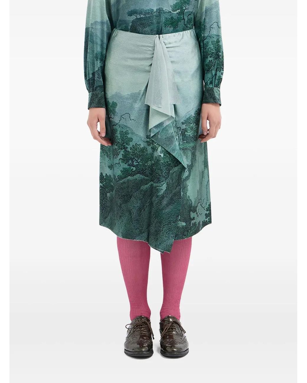 Pierre Louis Mascia Green Silk-Blend Ruffled Skirt