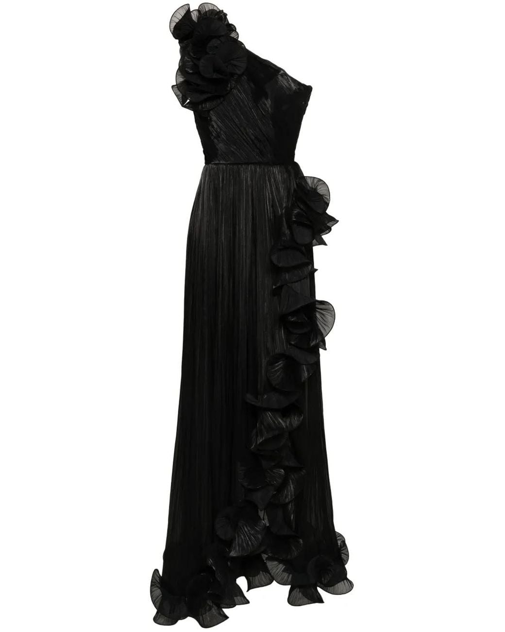 Ana Radu Black Ruffled Plissé Asymmetric Maxi Dress