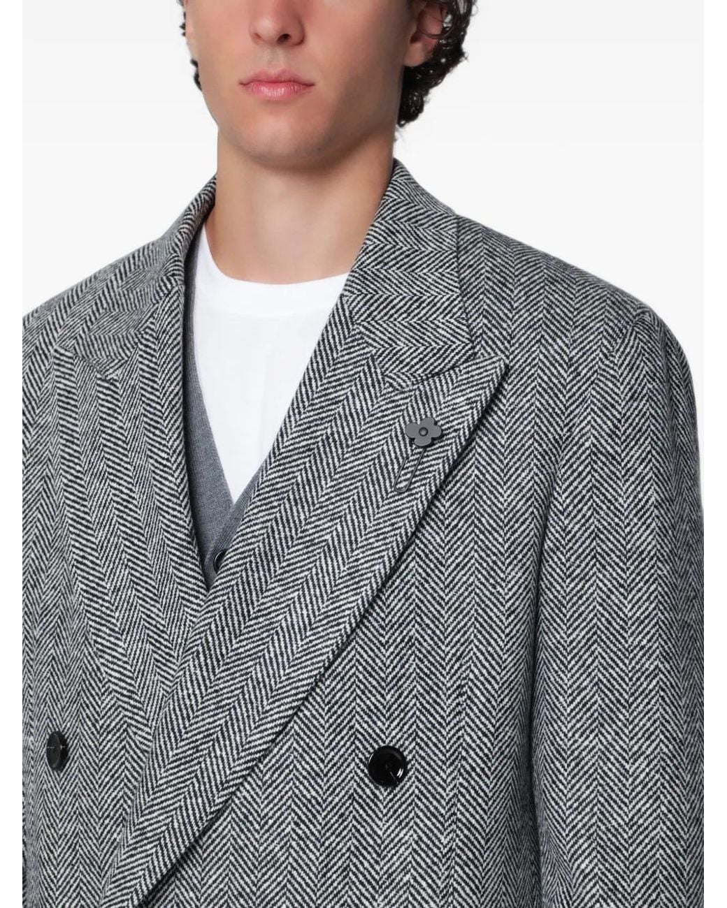 Lardini Gray Herringbone Double-Breasted Coat for men