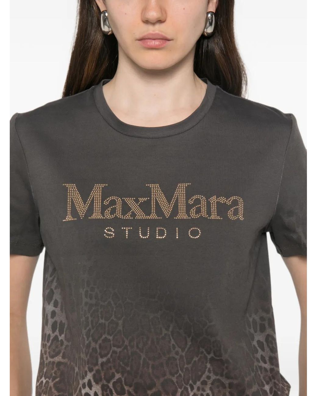 Max Mara Black Quieto Leopard-Print Rhinestone-Logo T-Shirt