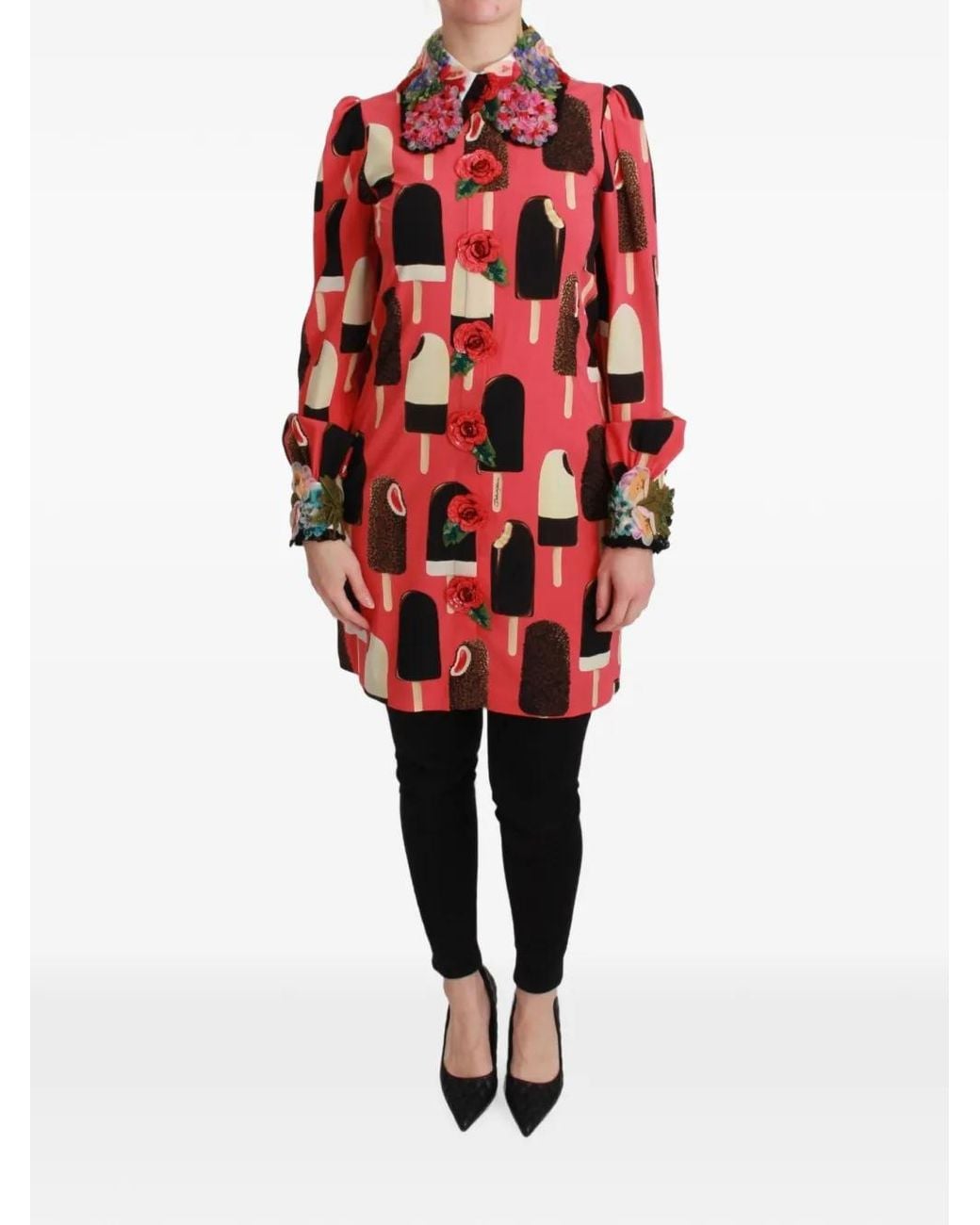 Dolce & Gabbana Red Ice Cream-Print Floral-Appliqué Dress