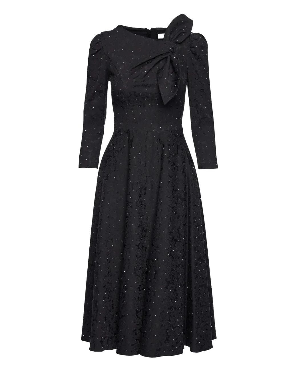 Nissa Black Rhinestone-Embellished Brocade Midi Dress