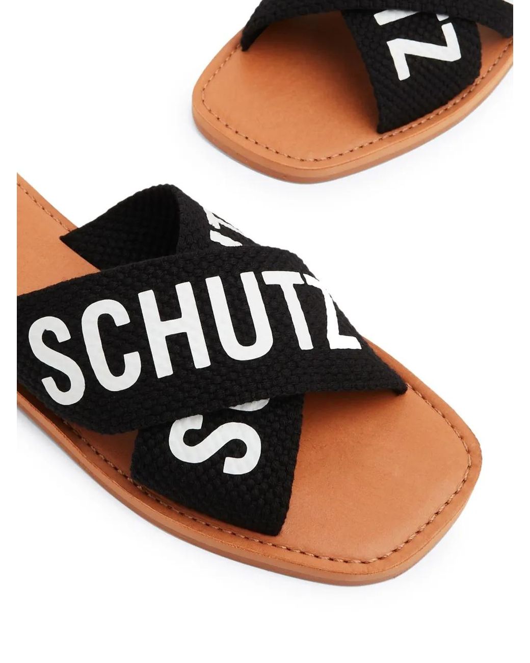 SCHUTZ SHOES Black Logo-Print Flat Leather Slides