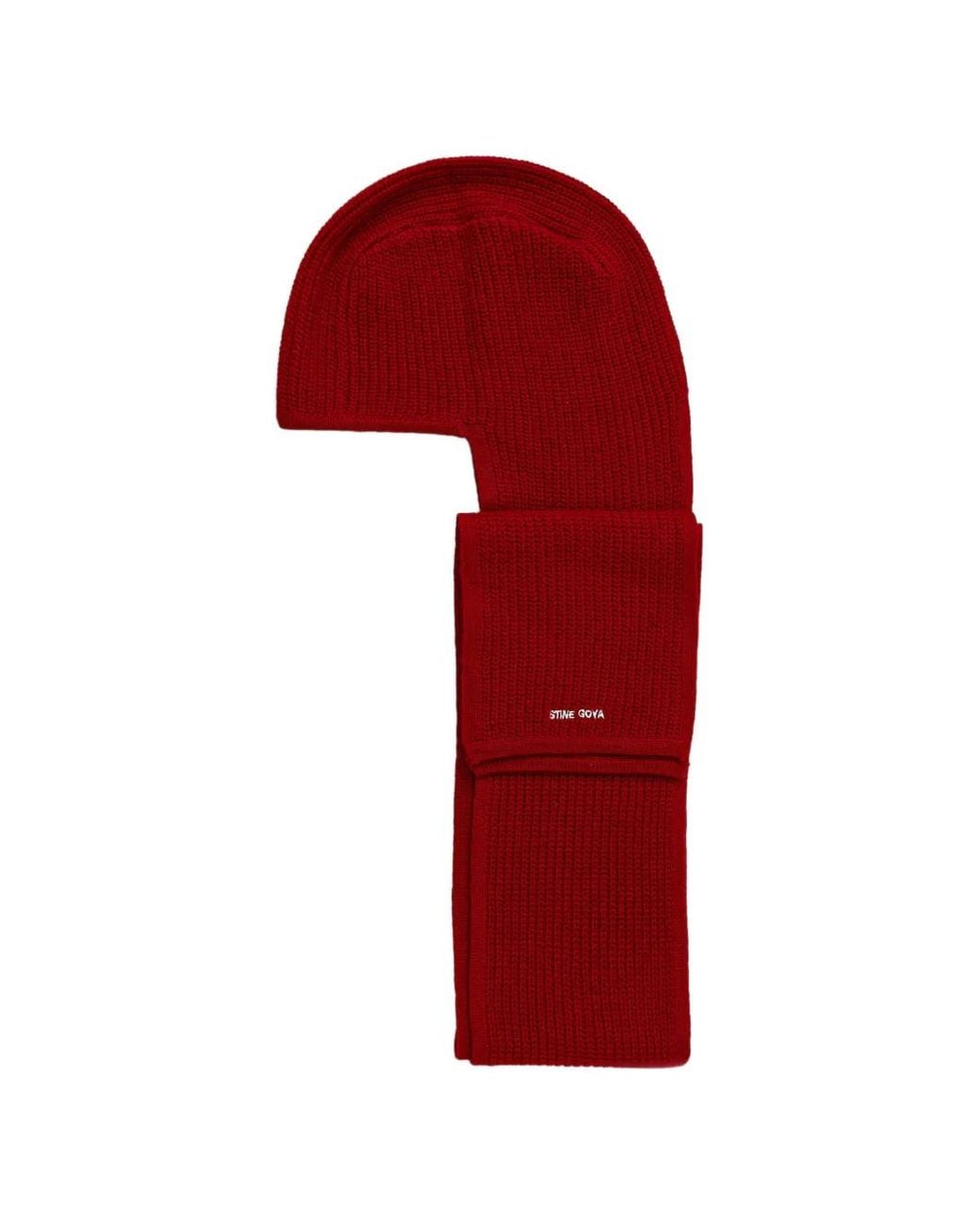 Stine Goya Red Ribbed-Knit Scarf-Detail Balaclava