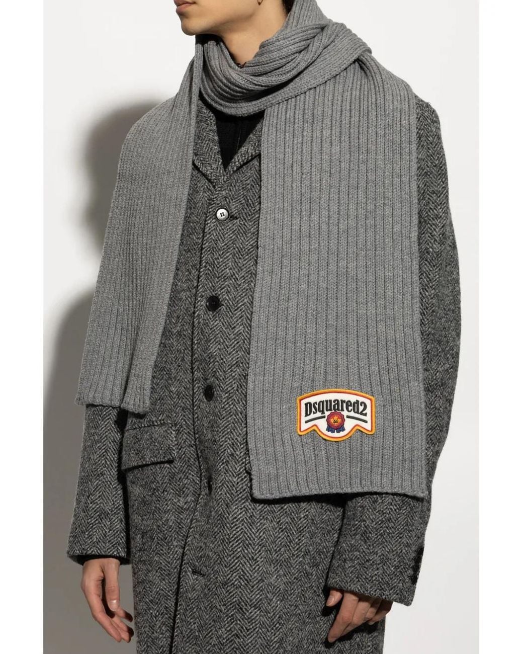 DSquared² Gray Logo Patch Scarf for men