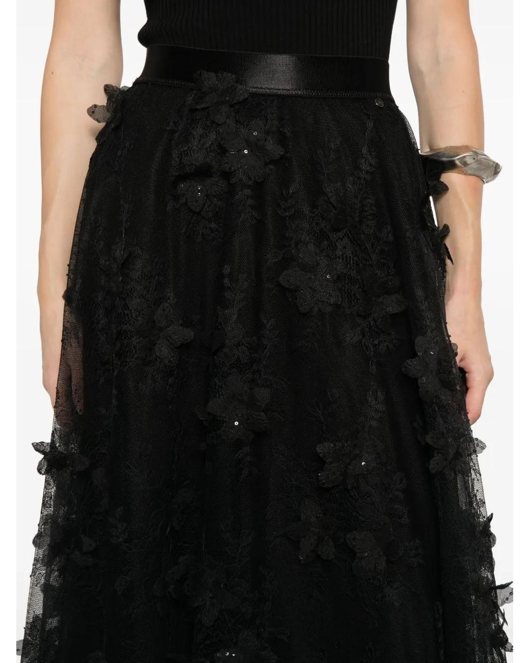 Nissa Black Floral-Lace Tiered Midi Skirt