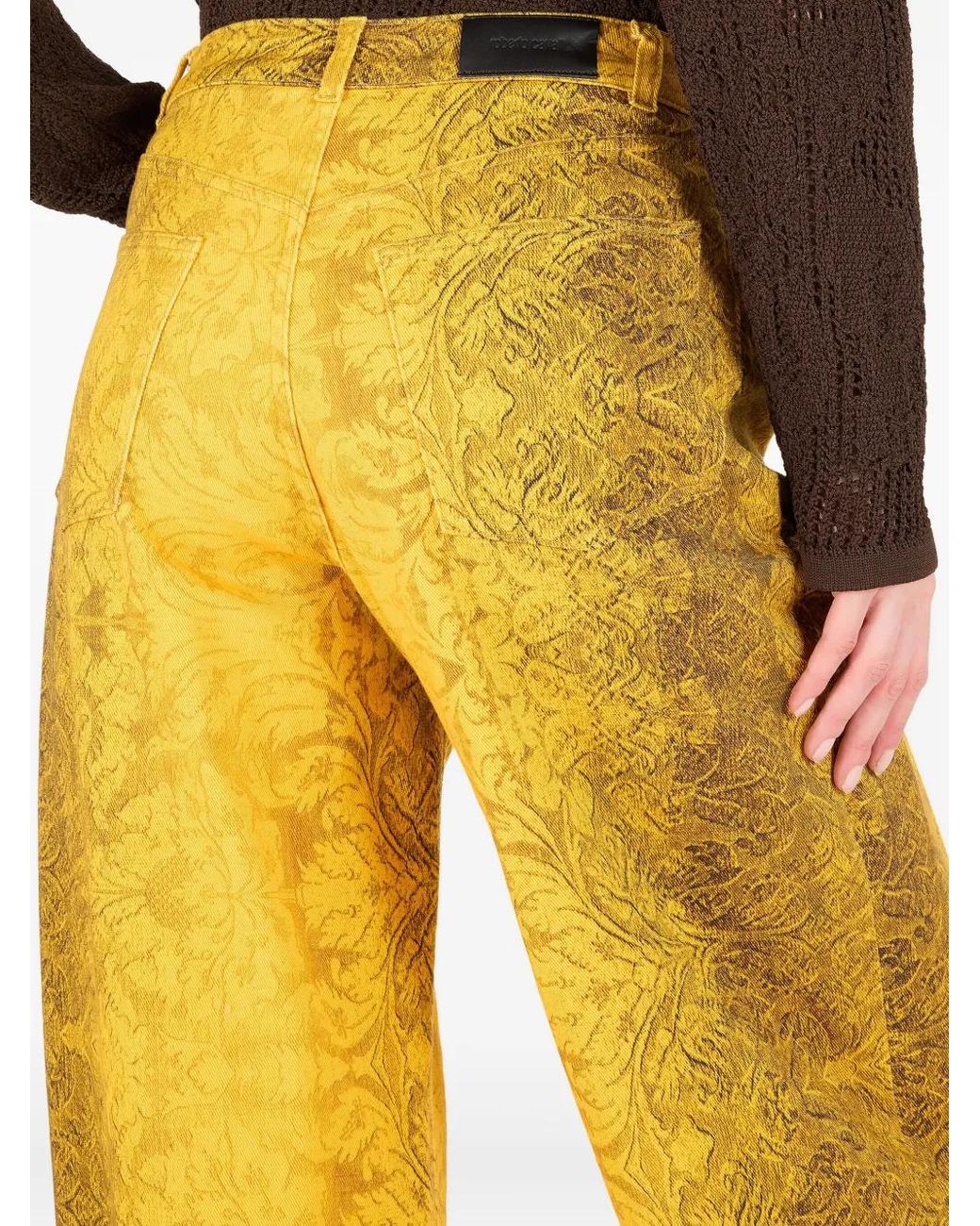 Roberto Cavalli Yellow Brocade-Print Straight-Leg Jeans