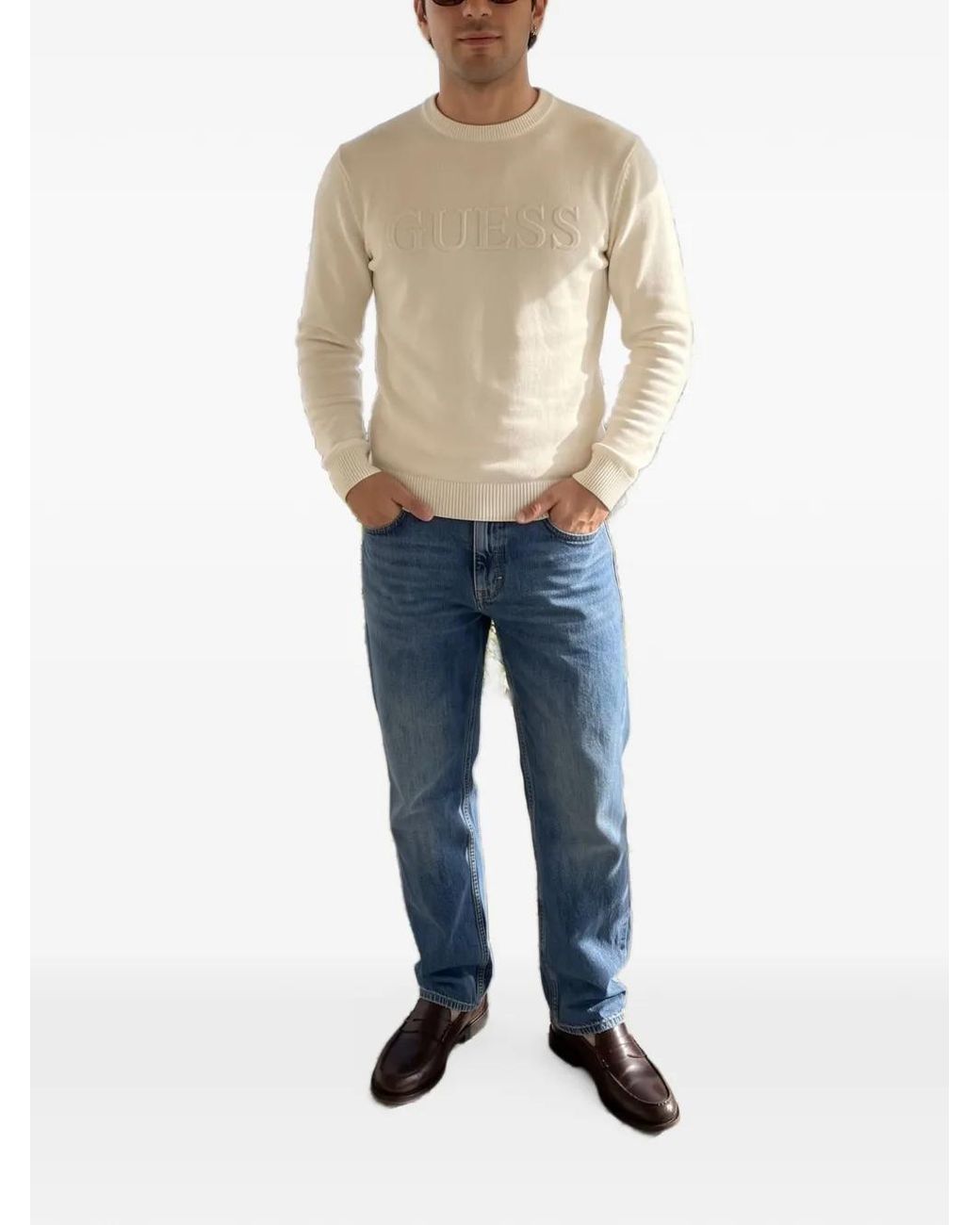 Guess White Logo-Embossed Long-Sleeve Sweater for men