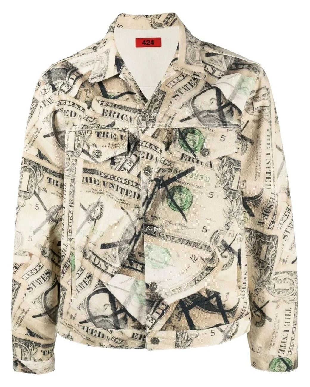 424 Natural Dollar Bill Print Denim Jacket for men