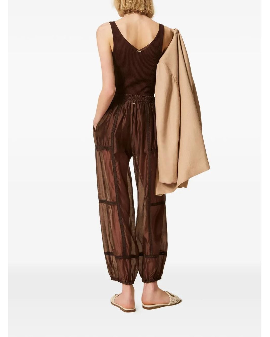 Twinset Brown Voile Joggers With Lace