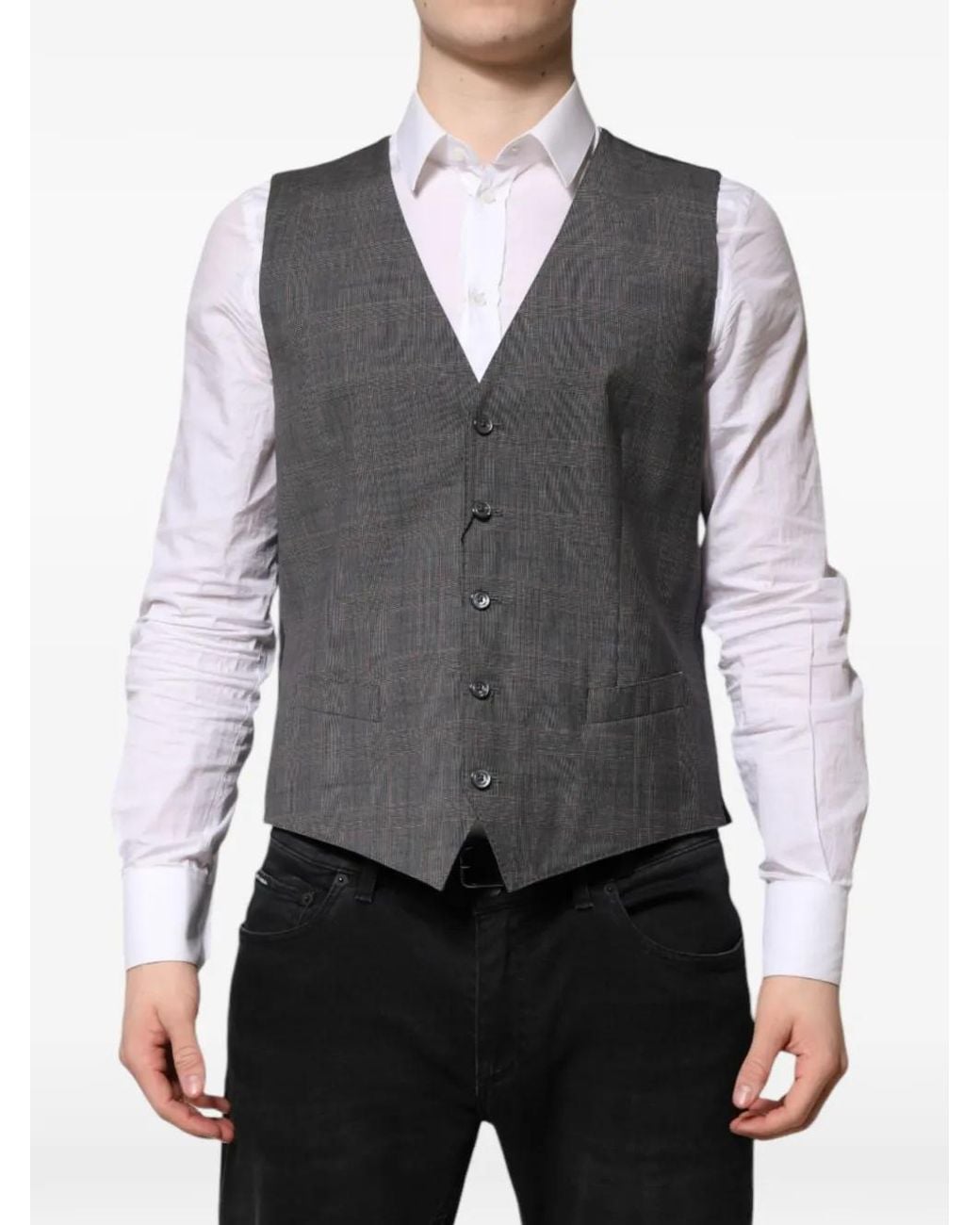 Dolce & Gabbana Gray Checkered-Pattern V-Neck Waistcoat for men