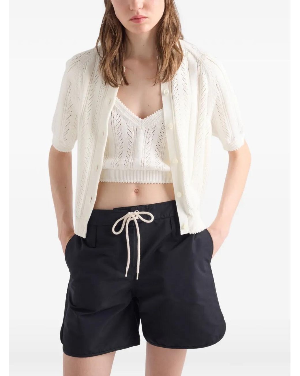 Prada White Short-Sleeved Openwork Cotton Cardigan
