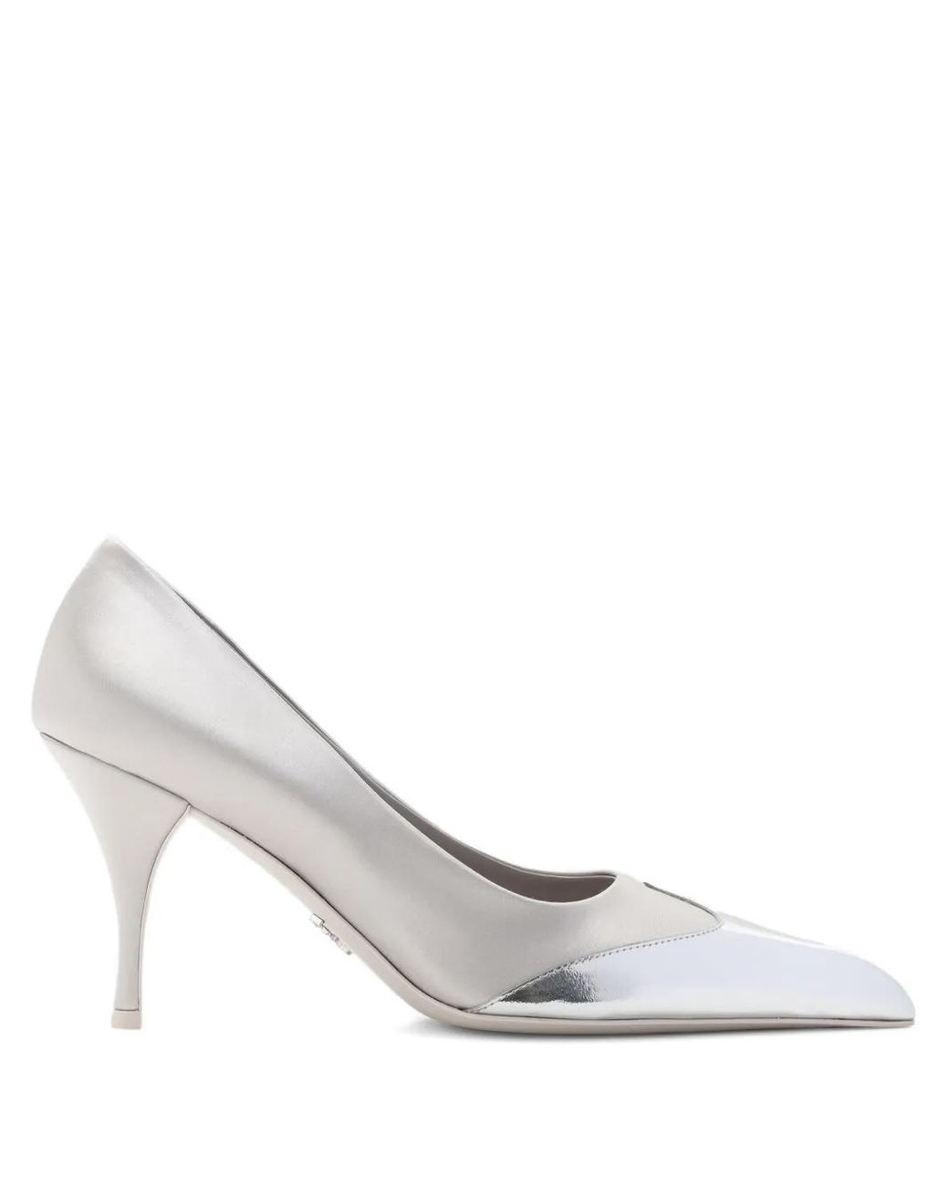 Prada White Satin And Metallic Silver Leather Pumps