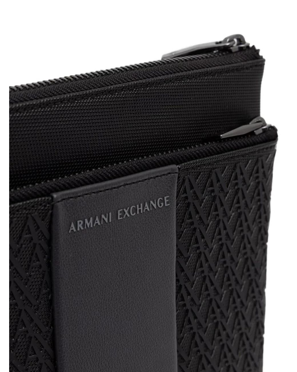 ARMANI EXCHANGE Black Monogram-Pattern Logo-Patch Messenger Bag for men