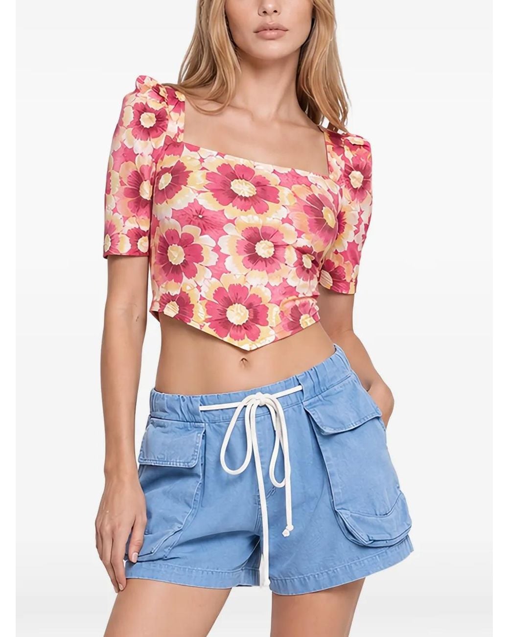 Free People Blue Floral Puff-Sleeve Top