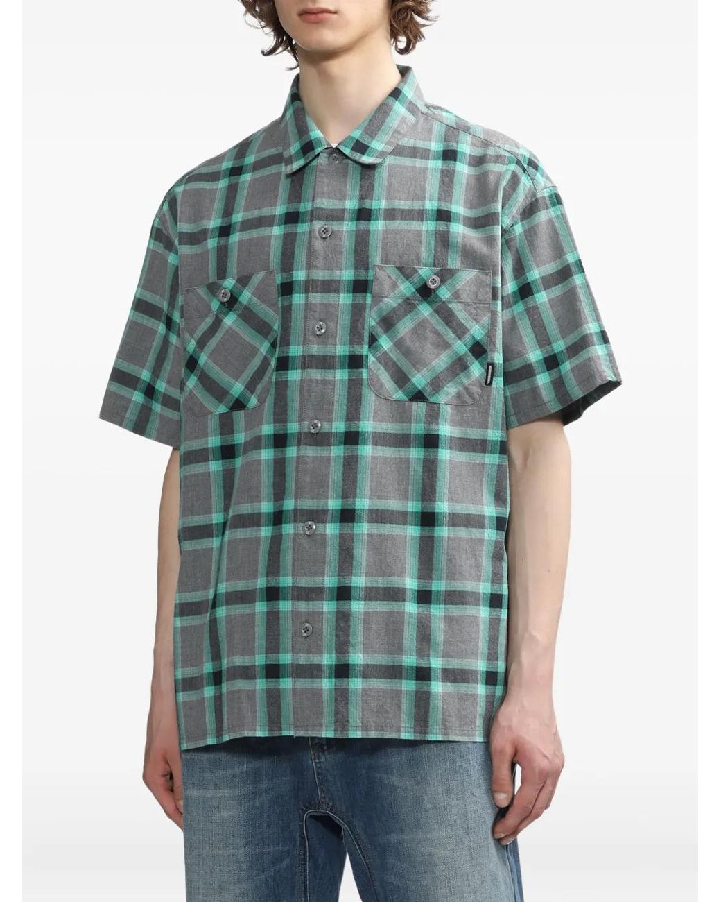 Neighborhood Blue Checked Patch-Pocket Shirt for men