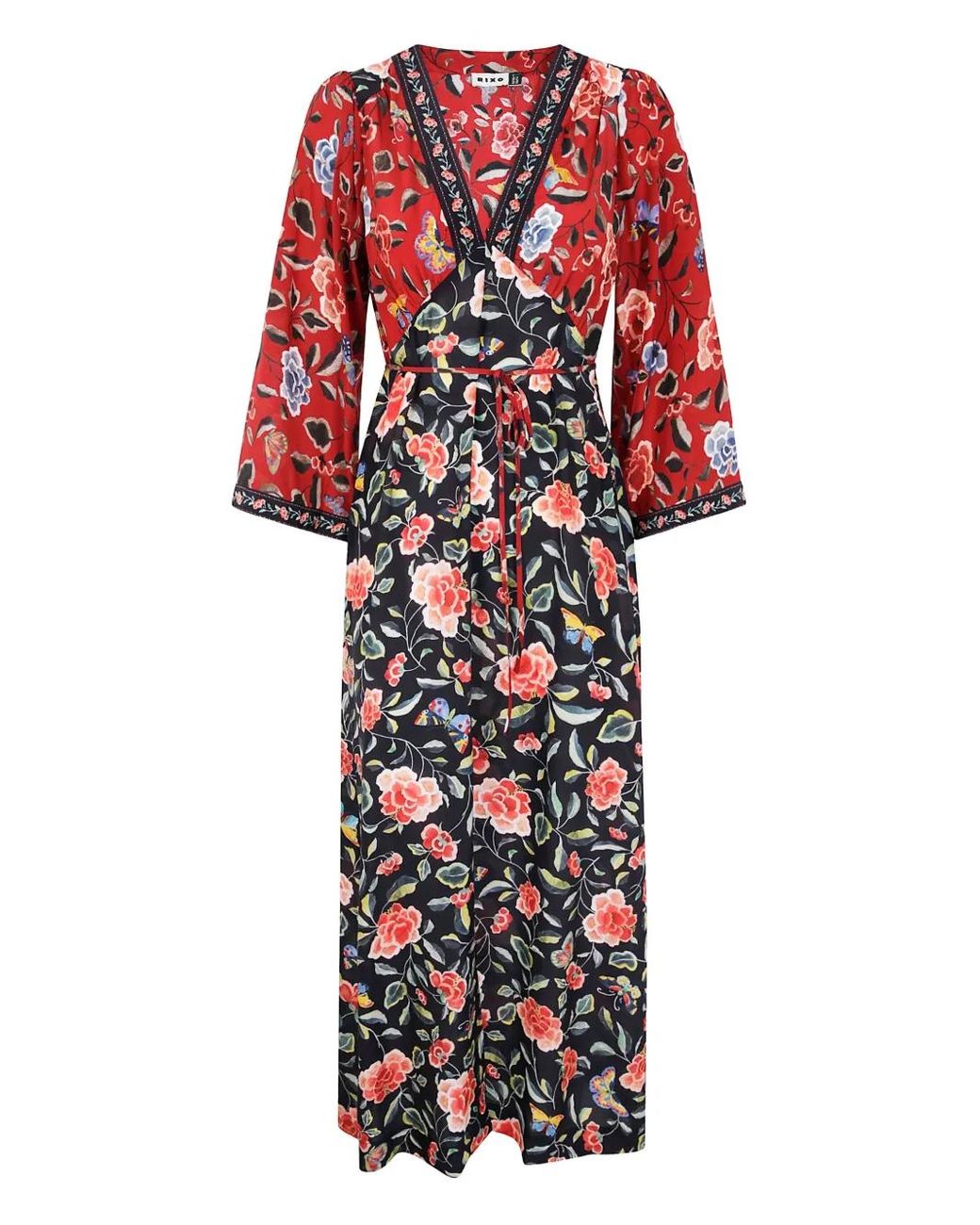 Rixo Red Dahlia Silk Midi Dress