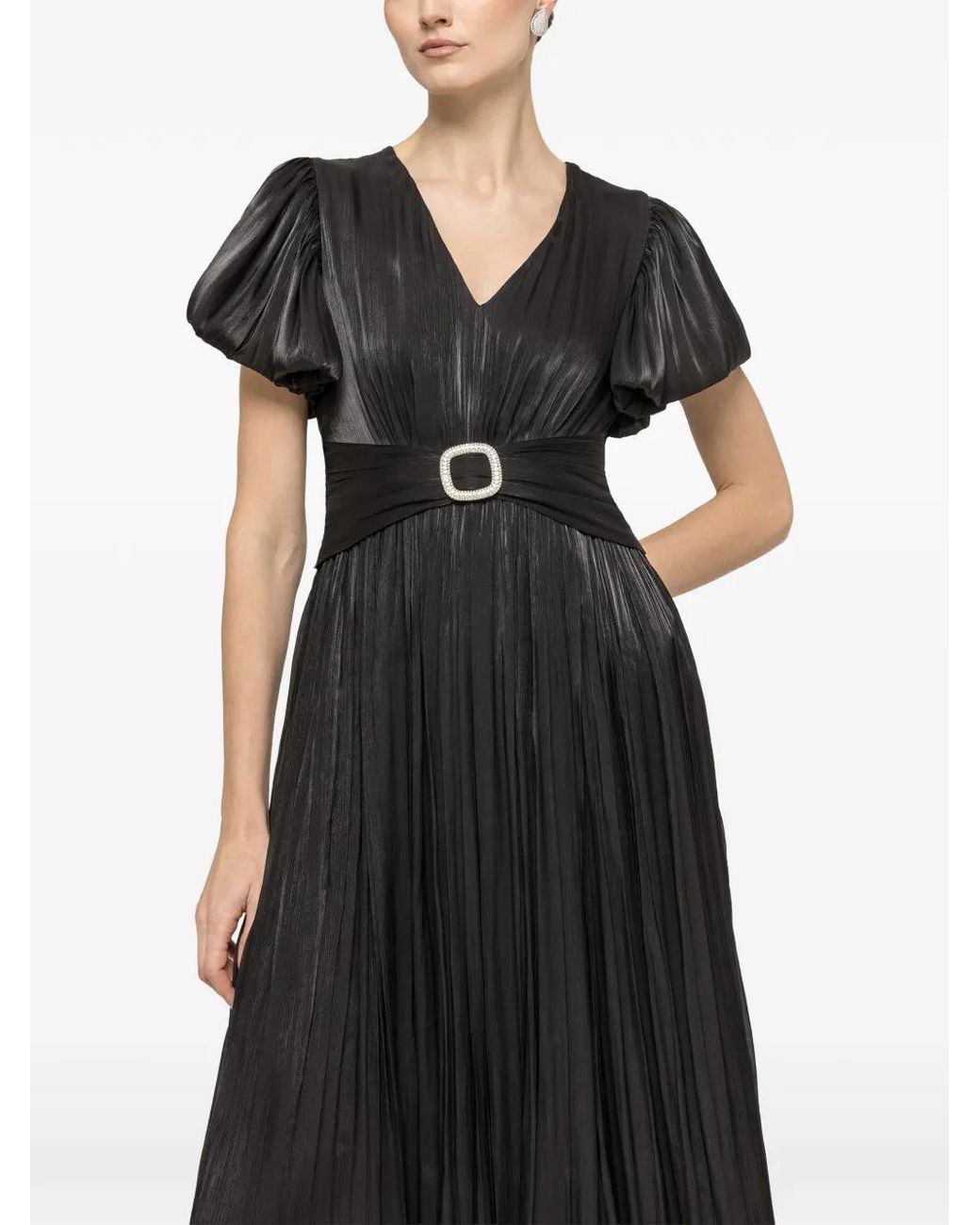Nissa Black Crystal-Detail Chiffon Midi Dress
