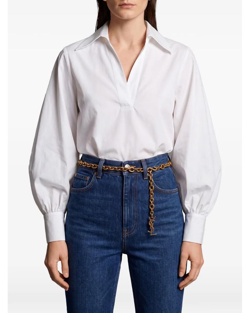 SUTTON NEW YORK White V-Neck Cotton-Poplin Blouse