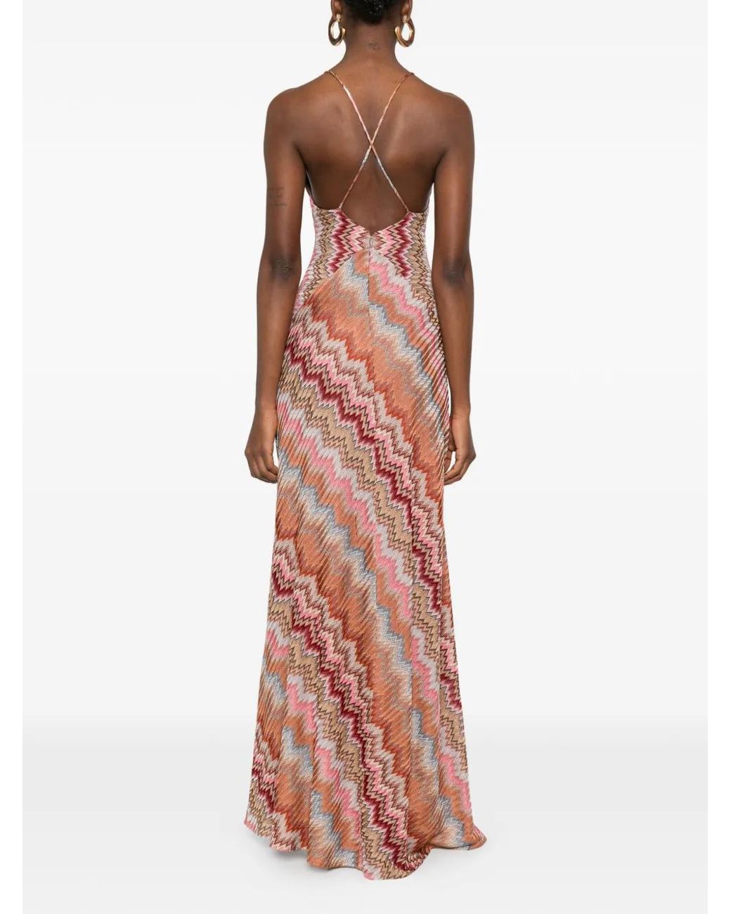 Missoni Multicolor Rust-Colored Snake-Pattern Chevron Viscose Long Dress With Crossed Straps