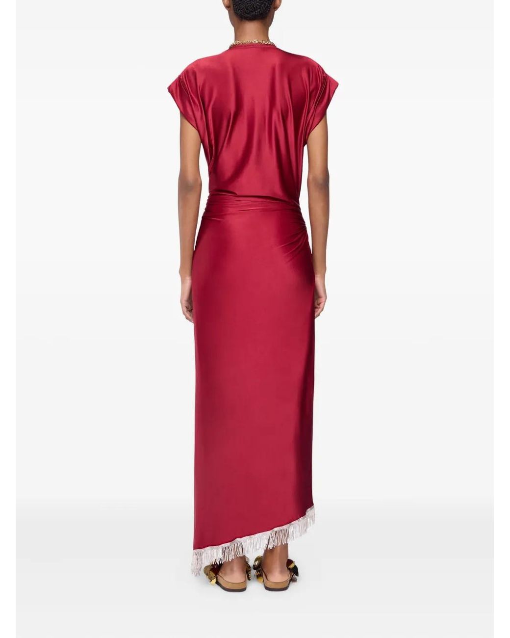 Rabanne Red Asymmetric Fringed Draped Satin-Jersey Dress