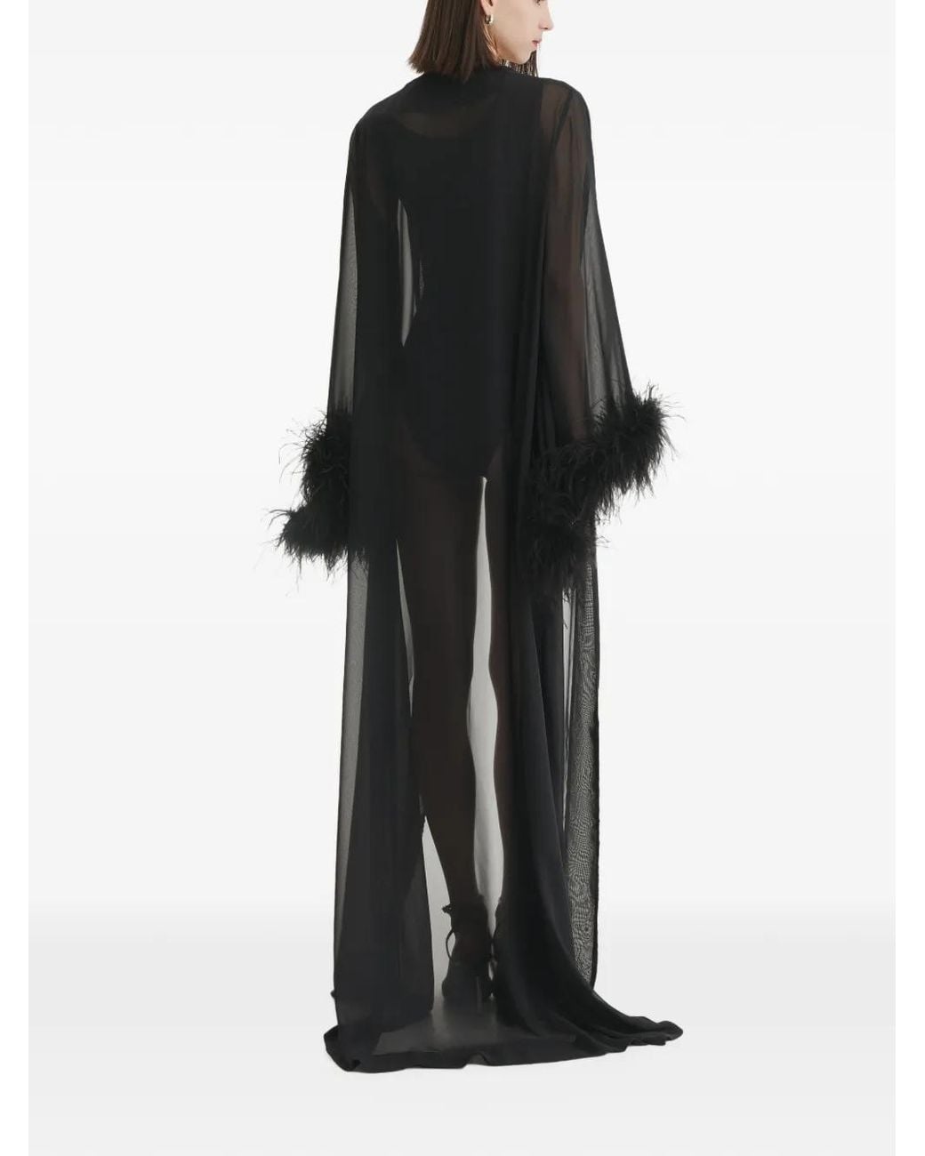 2310 STUDIO Black Peignoir Transparent Bordé De Plumes