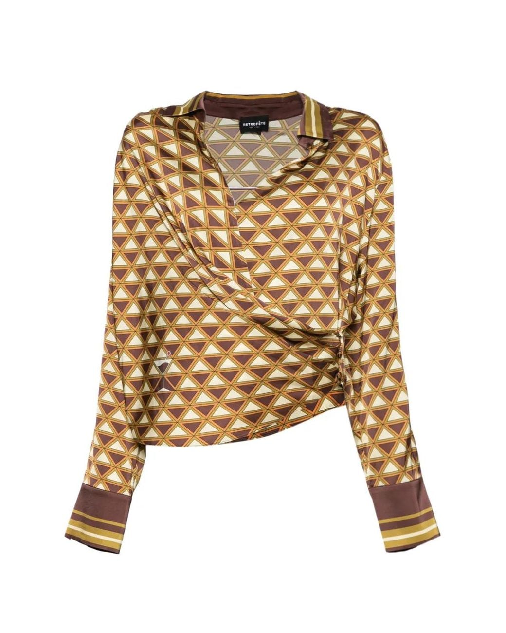 retroféte Metallic Blouse Drapée À Imprimé Géométrique
