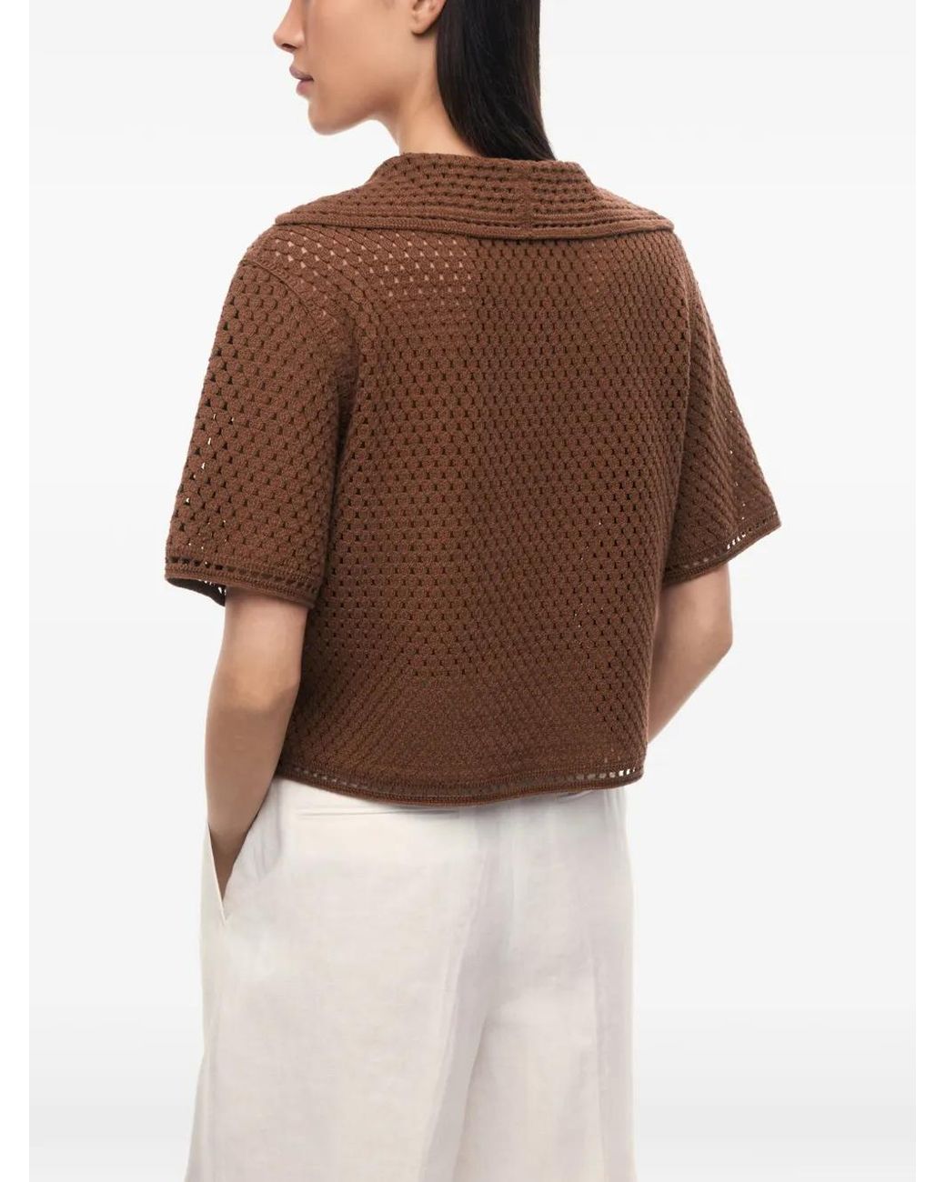 12 STOREEZ Brown Meadow Crochet-Knit Top