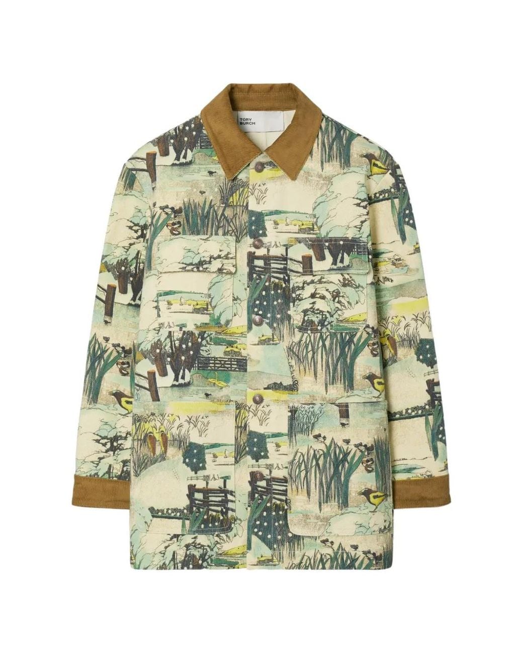 Tory Burch Green Printed Denim Barn Jacket