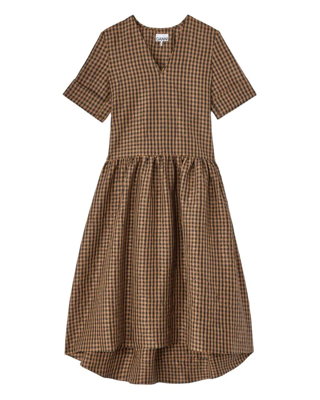 Ganni Brown Crinkled Check Long Dress