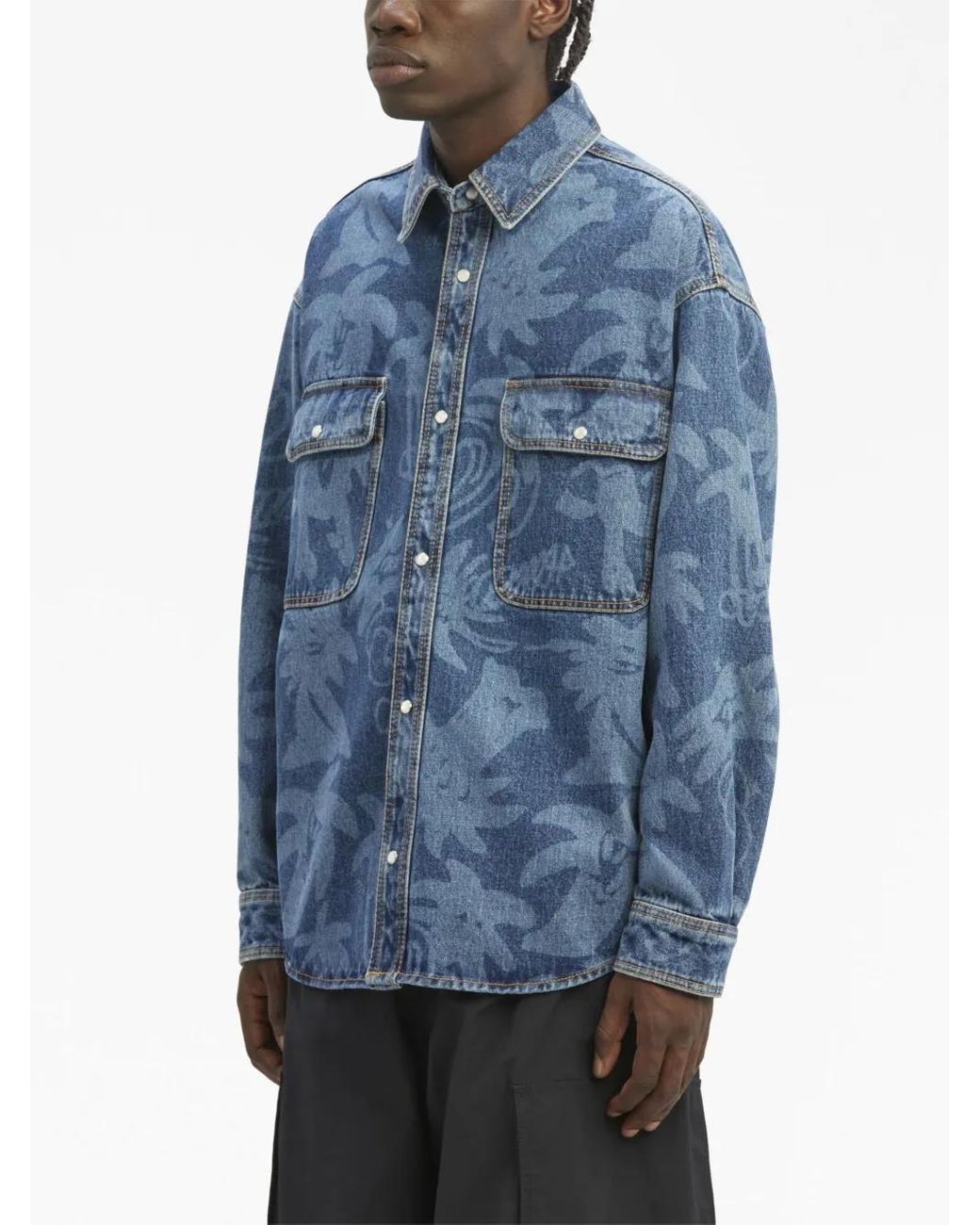 Palm Angels Blue Palmity Laser-Print Denim Shirt