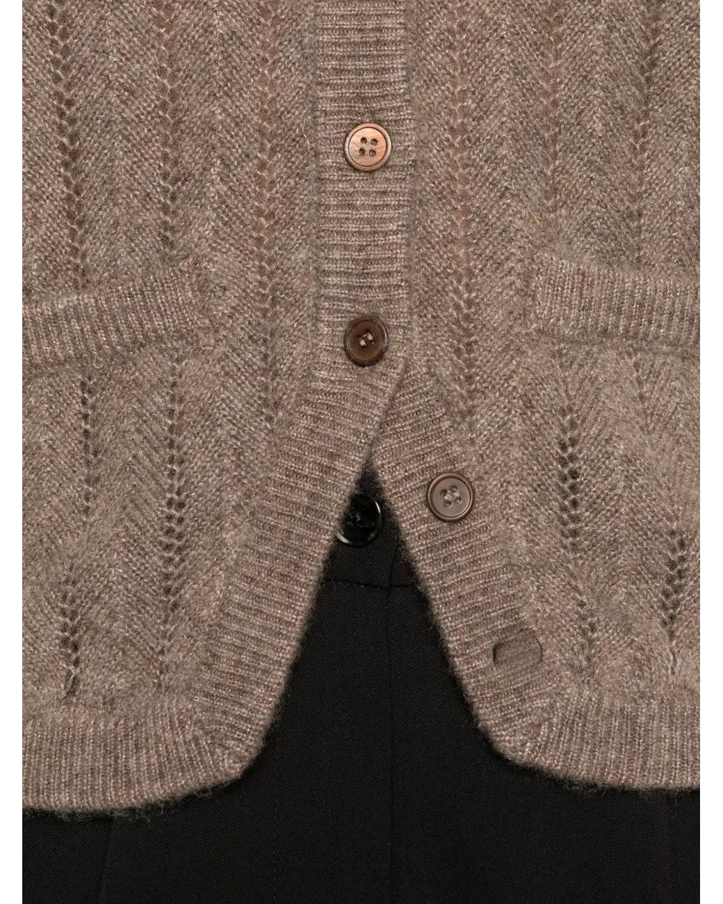 IVORY PARIS Brown Bea Pointelle-Knit V-Neck Sweater