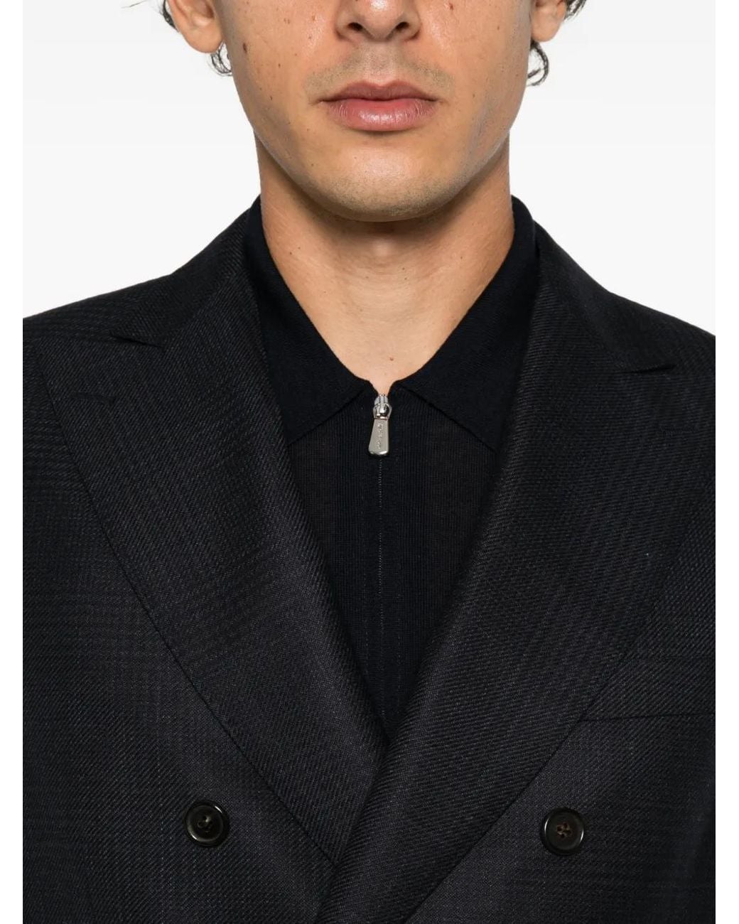 Corneliani Blue Double-Breasted Micro-Check Jacket for men