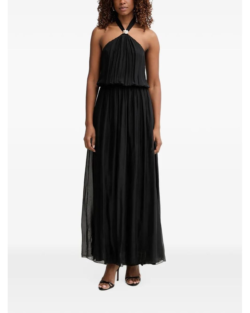 Haveone Black Pleated Halterneck Maxi Dress