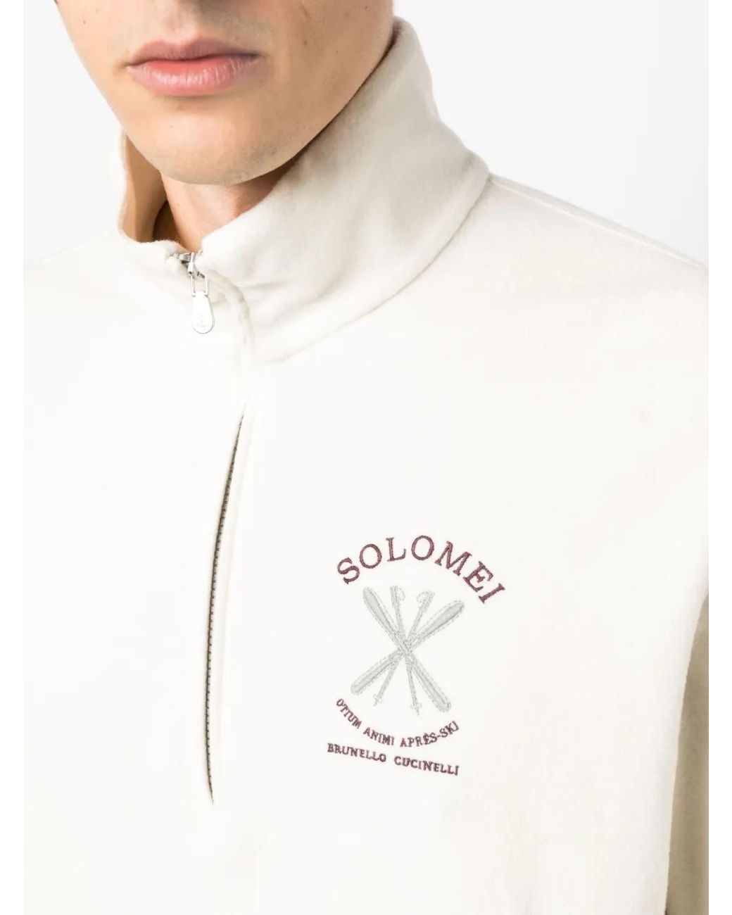 Brunello Cucinelli White Embroidered Roll-Neck Sweatshirt for men