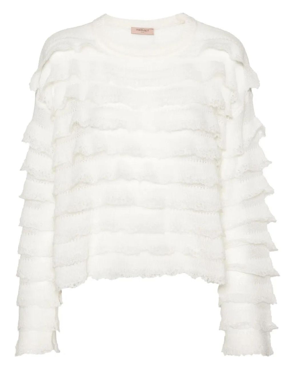 Twinset White Ruffled Open-Knit Jumper