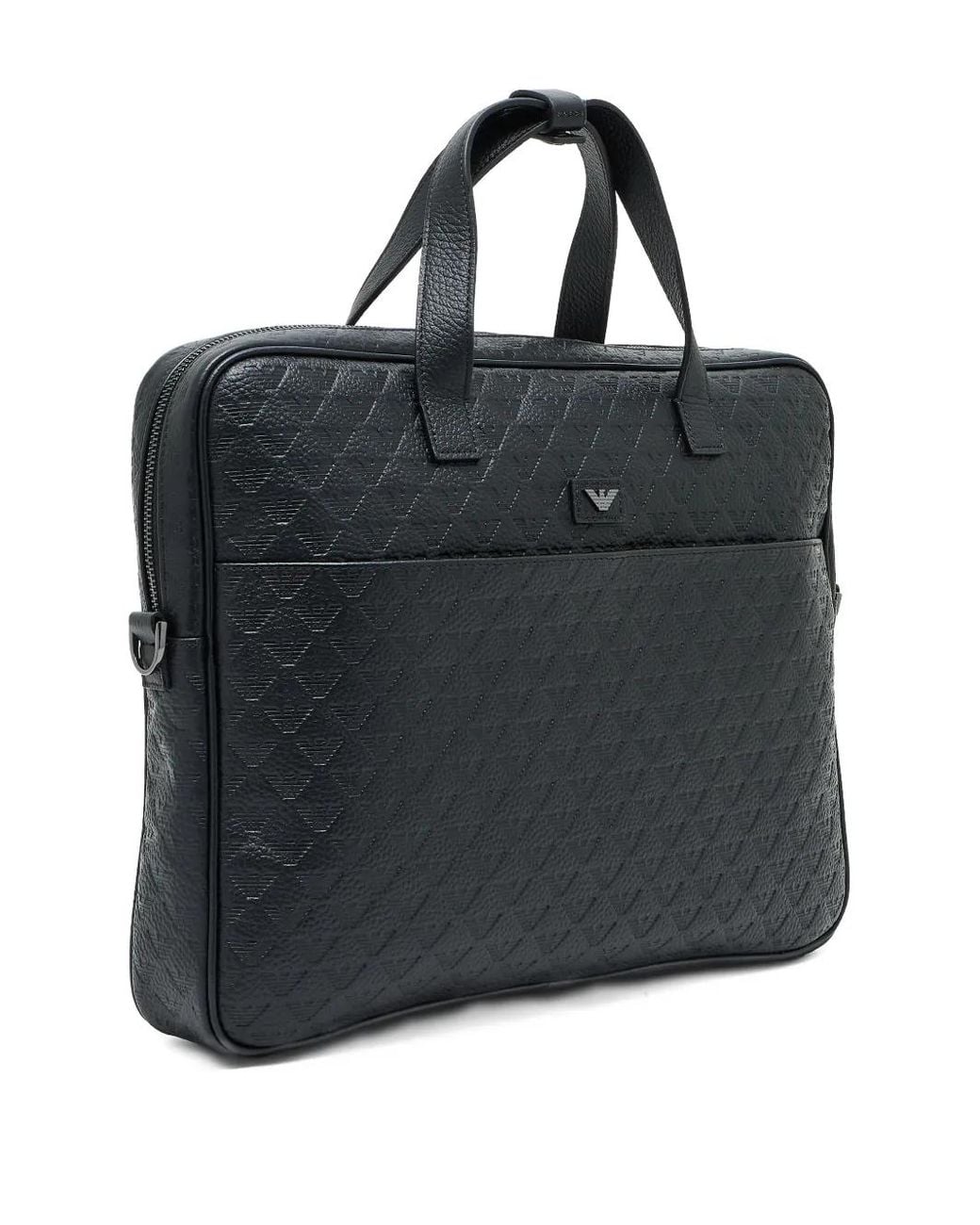 Emporio Armani Black Leather Business Bag With An Embossed Logo And Zip Closure for men