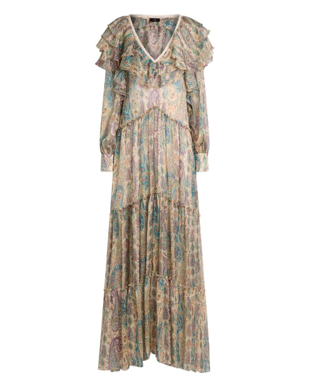Etro Natural Long Silk Dress With Paisley Print And Ruffled Details