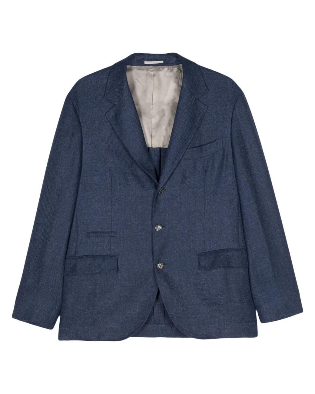 Brunello Cucinelli Blue Single-Breasted Linen Blend Blazer for men