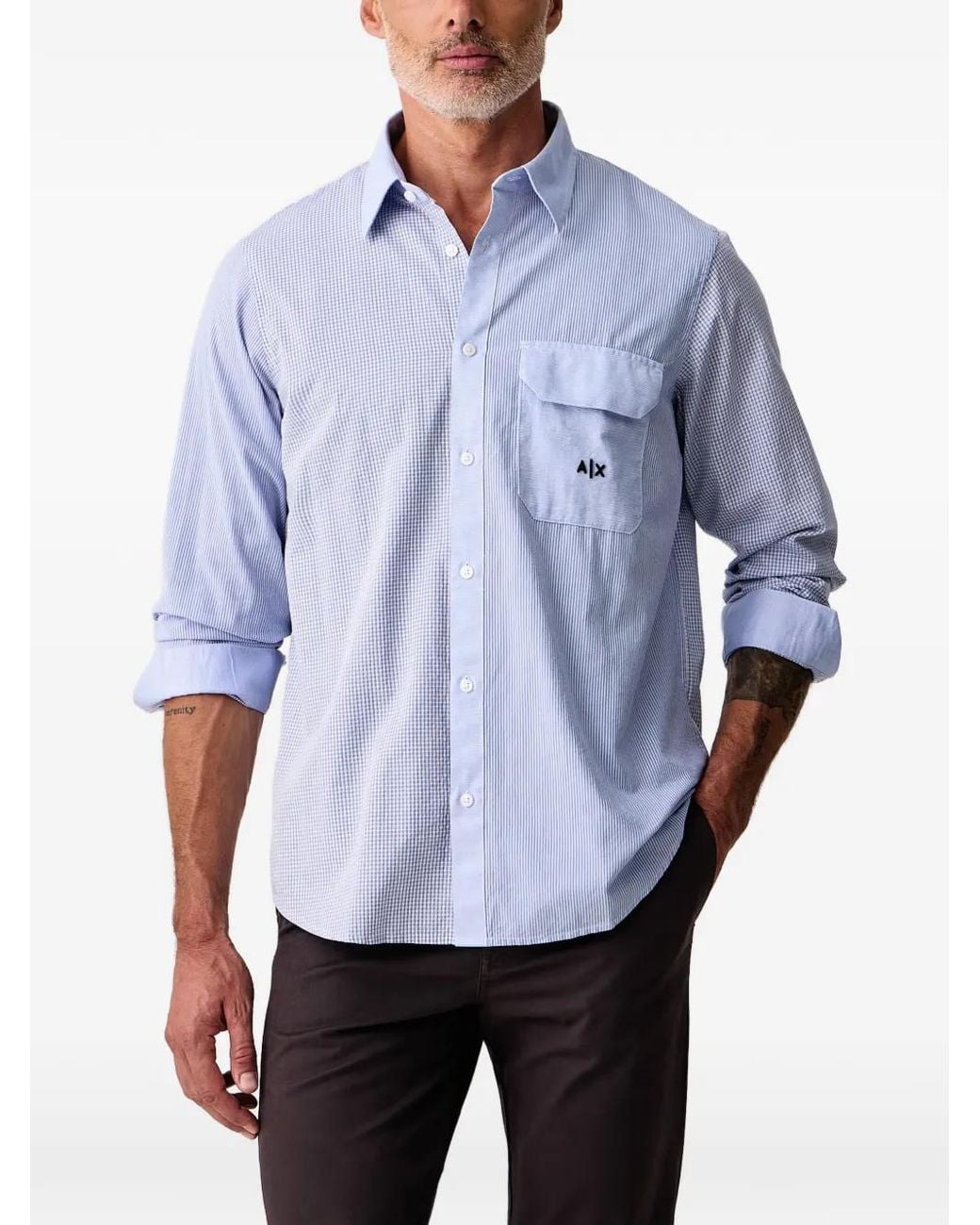 ARMANI EXCHANGE Blue Logo-Embroidered Patchwork Shirt for men