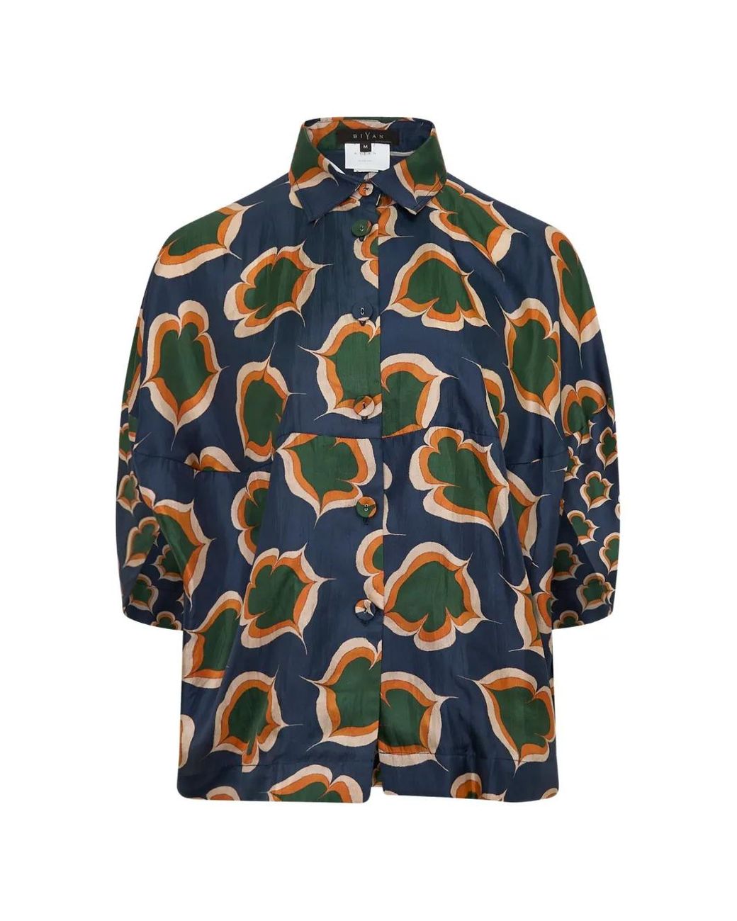 Biyan Blue Leaf-Print Silk Shirt