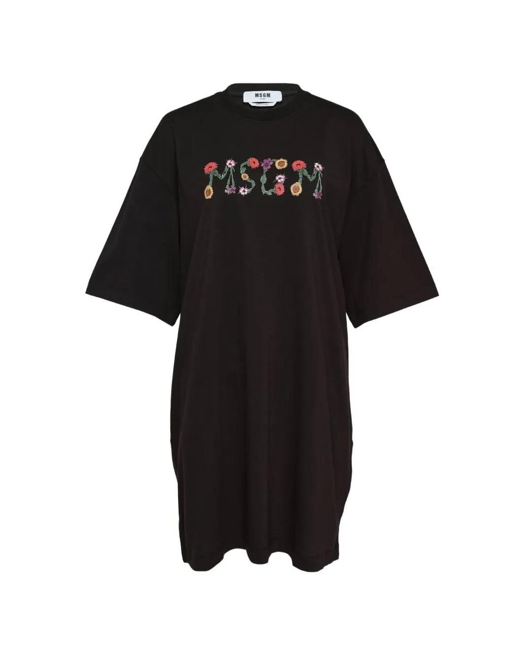 MSGM Black Floral-Embroidered T-Shirt Dress