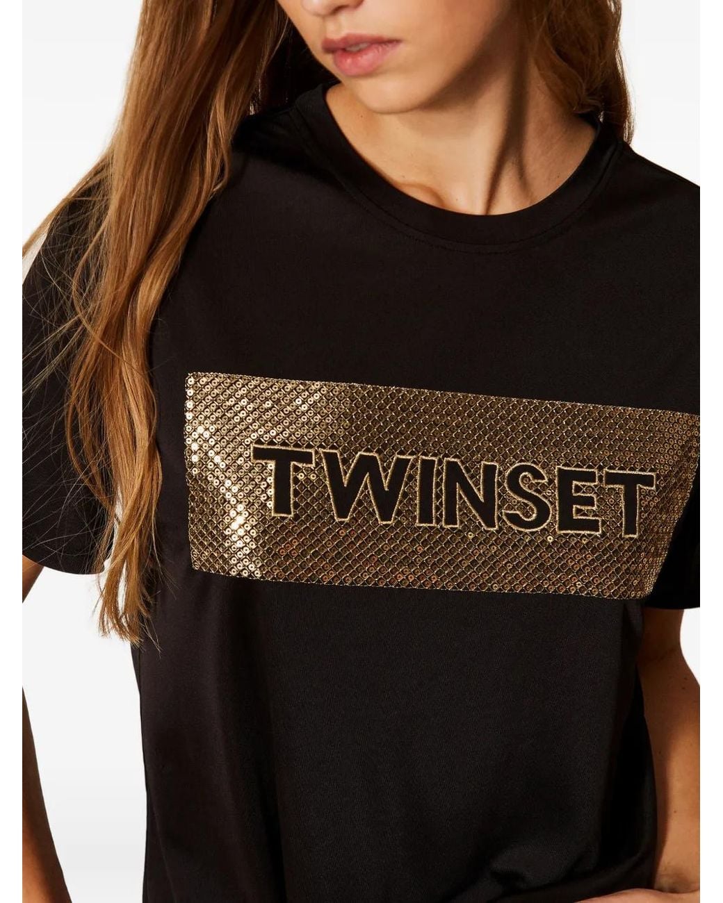 Twinset Black T-Shirt With Logo And Sequins