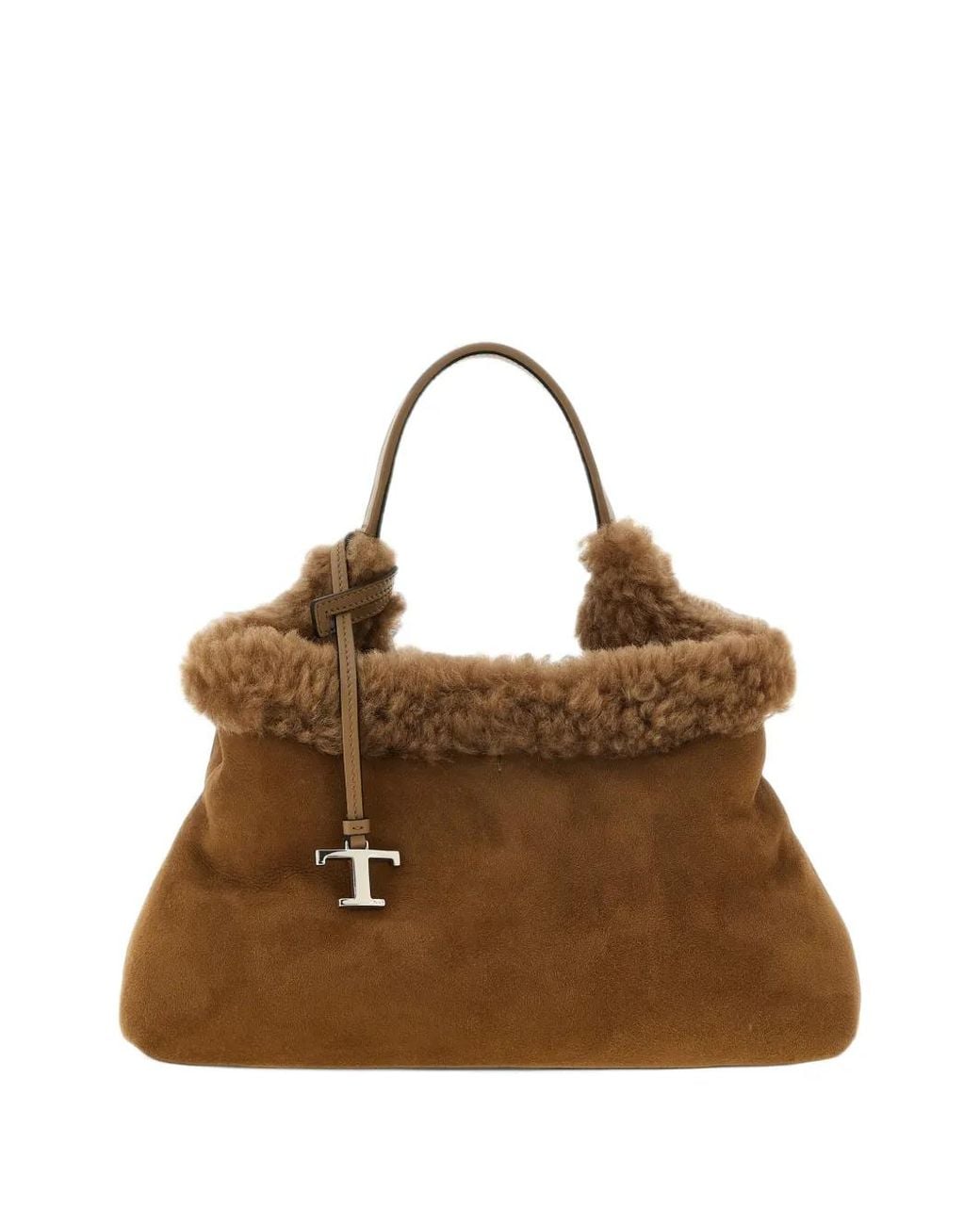 Tod's Brown T Timeless Shearling-Trim Tote Bag