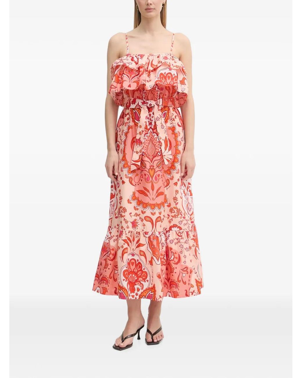 GAUDI White Paisley-Print Ruffled Midi Dress