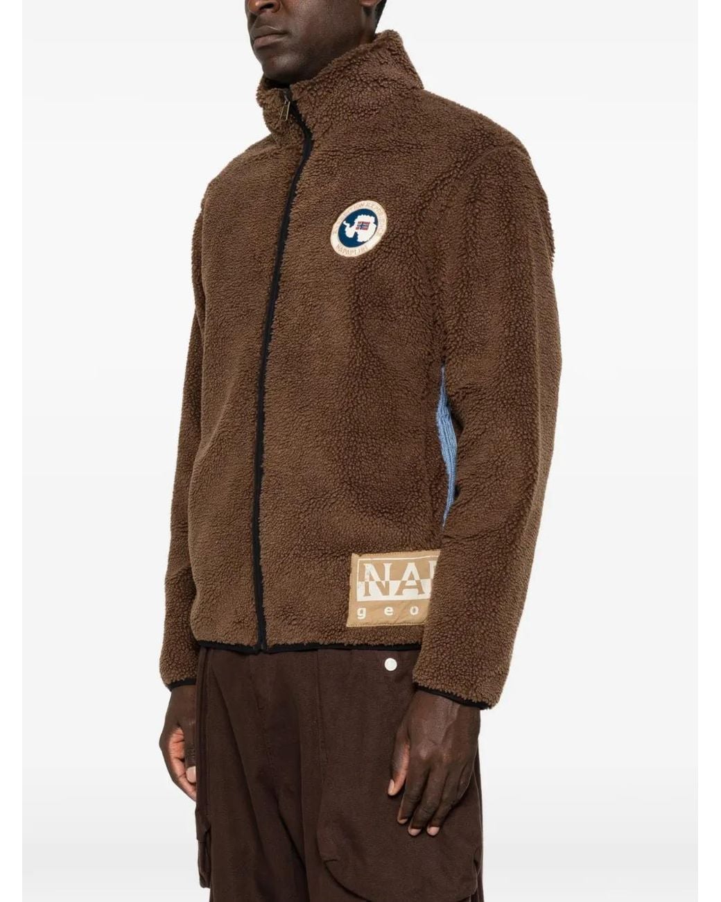 Napapijri Brown Fleece-Texture Logo-Patch Jacket for men