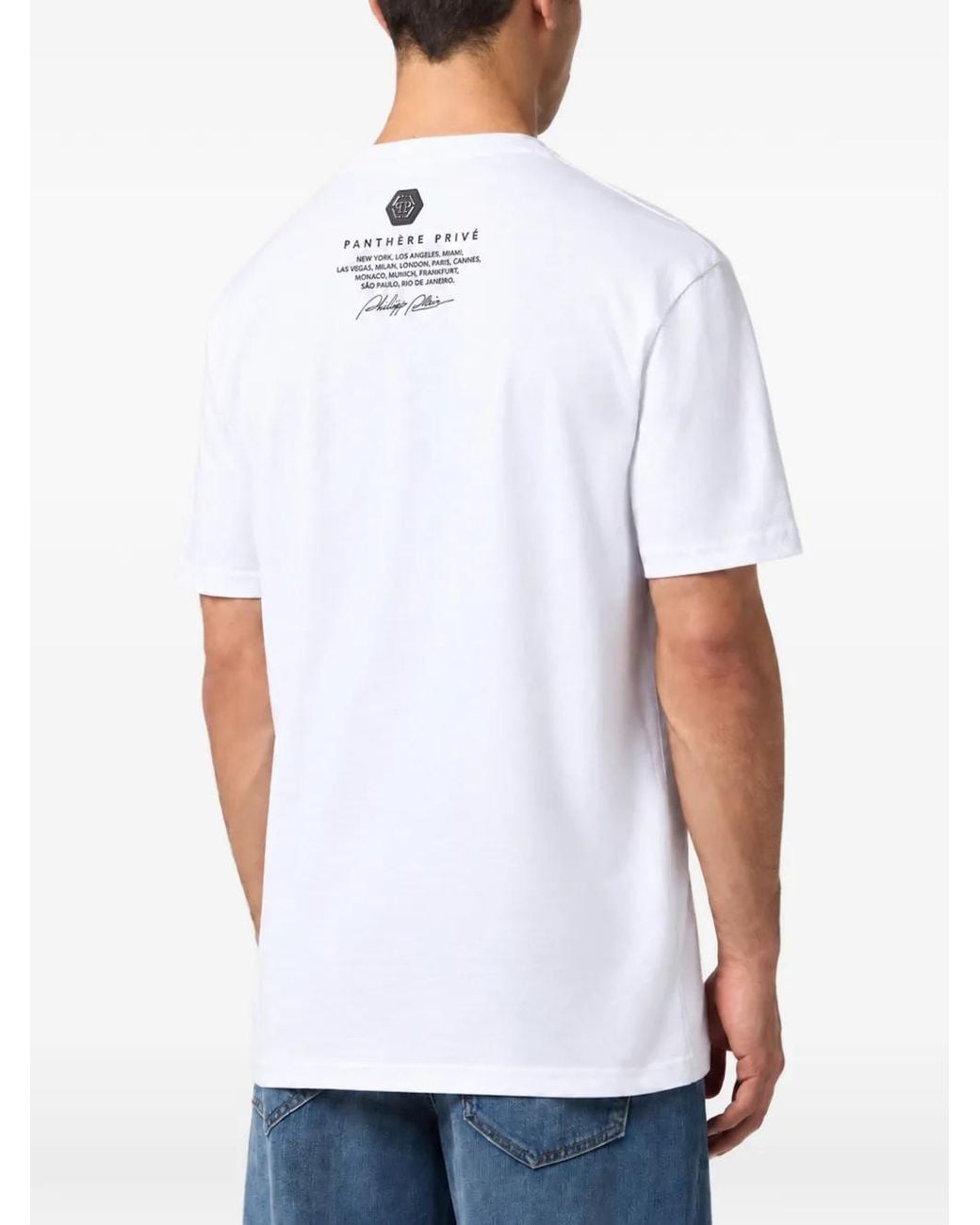 Philipp Plein White Round-Neck T-Shirt Big-Panther Flames Stones for men