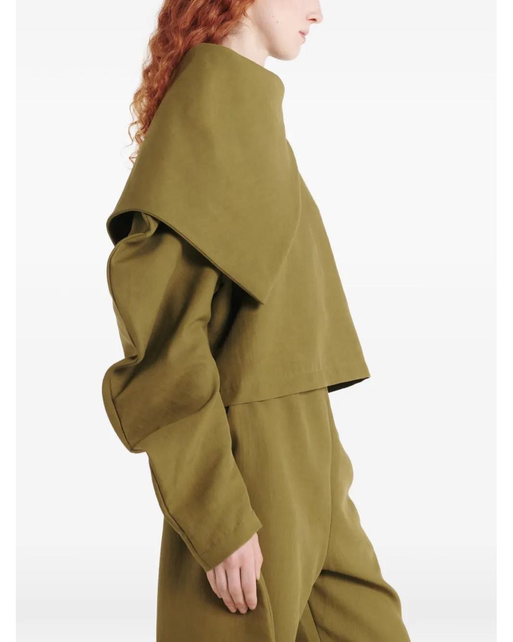A.W.A.K.E. MODE Green Draped-Collar Puff-Sleeve Top