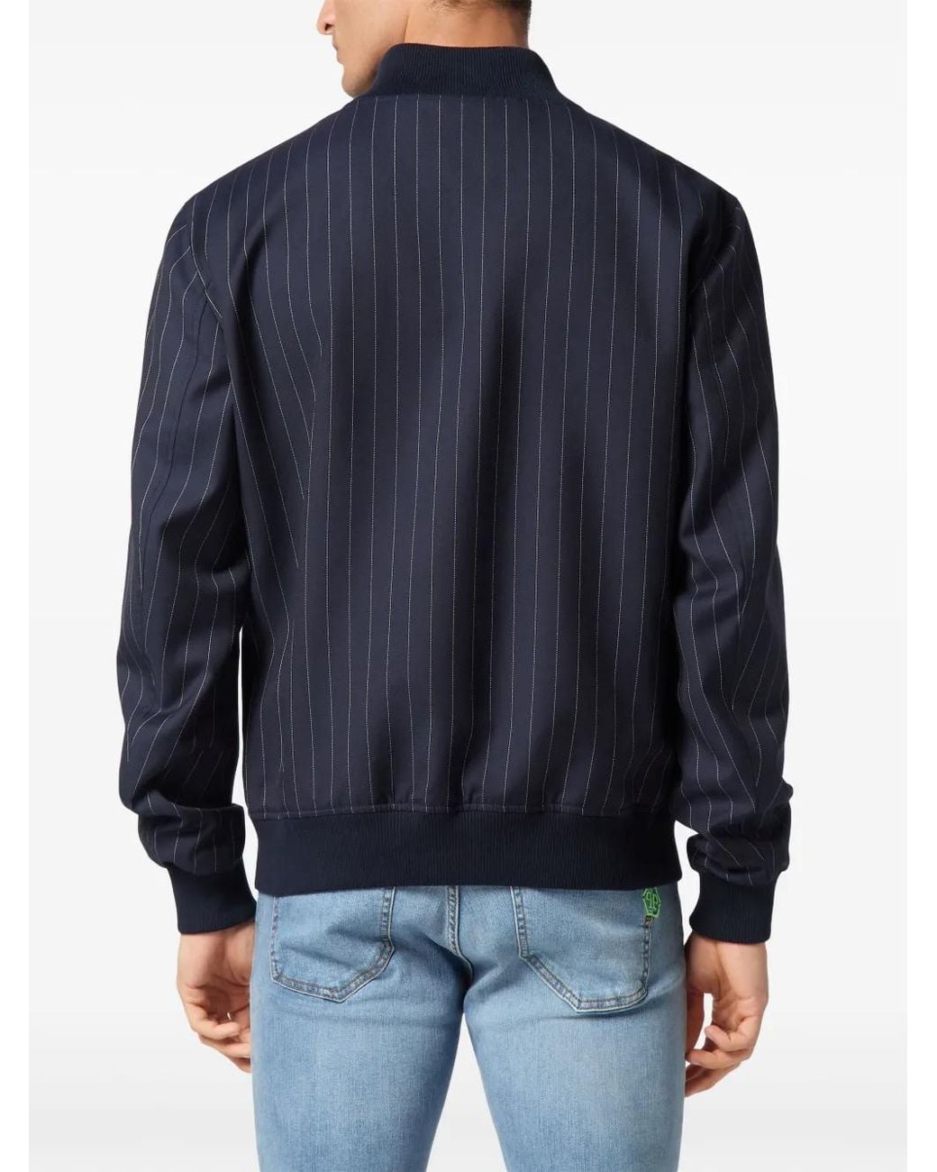 Philipp Plein Blue Pinstriped Bomber Jacket for men