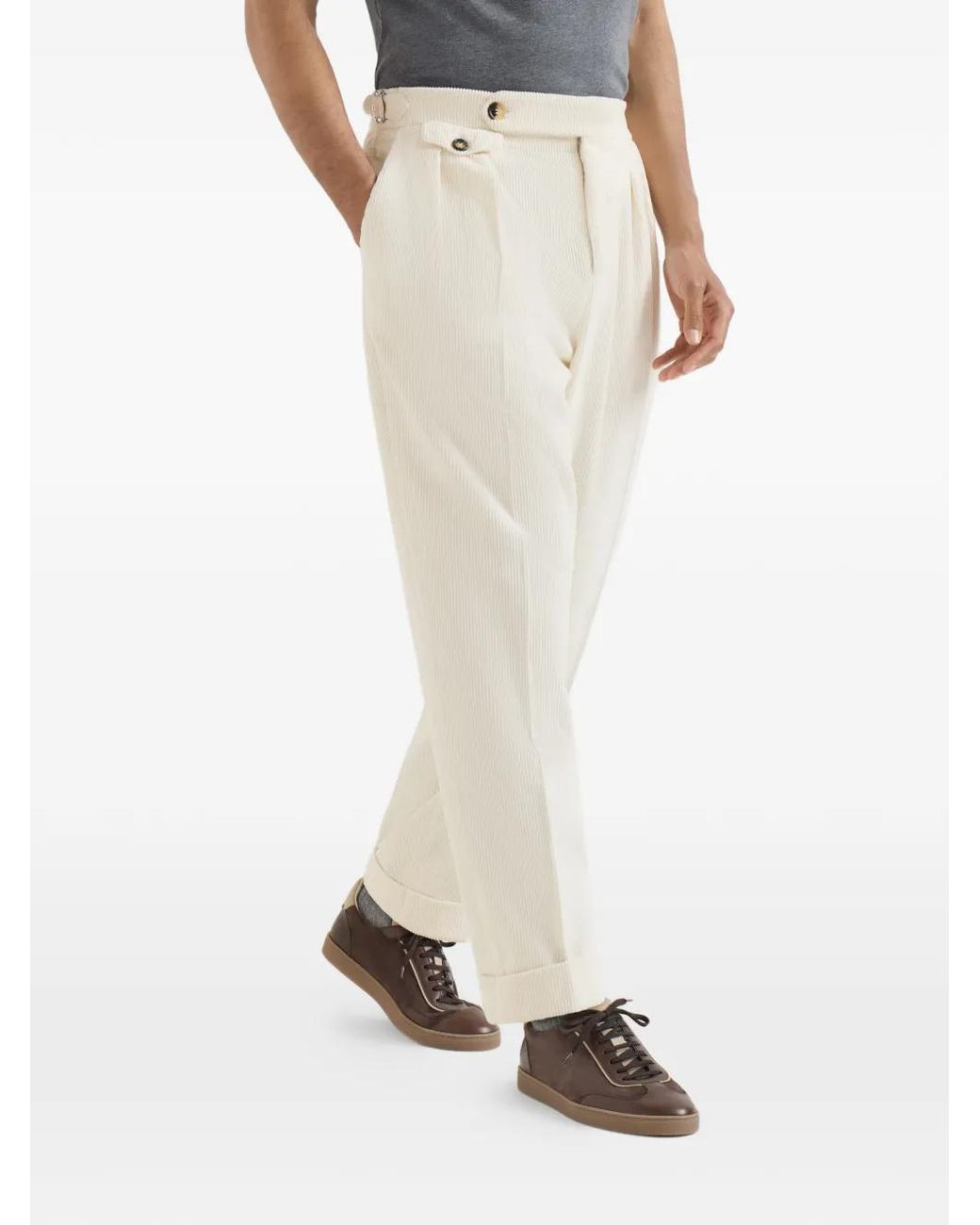 Brunello Cucinelli White Cotton Corduroy Trousers With Reversed Double Pleats And Waist Tabs for men